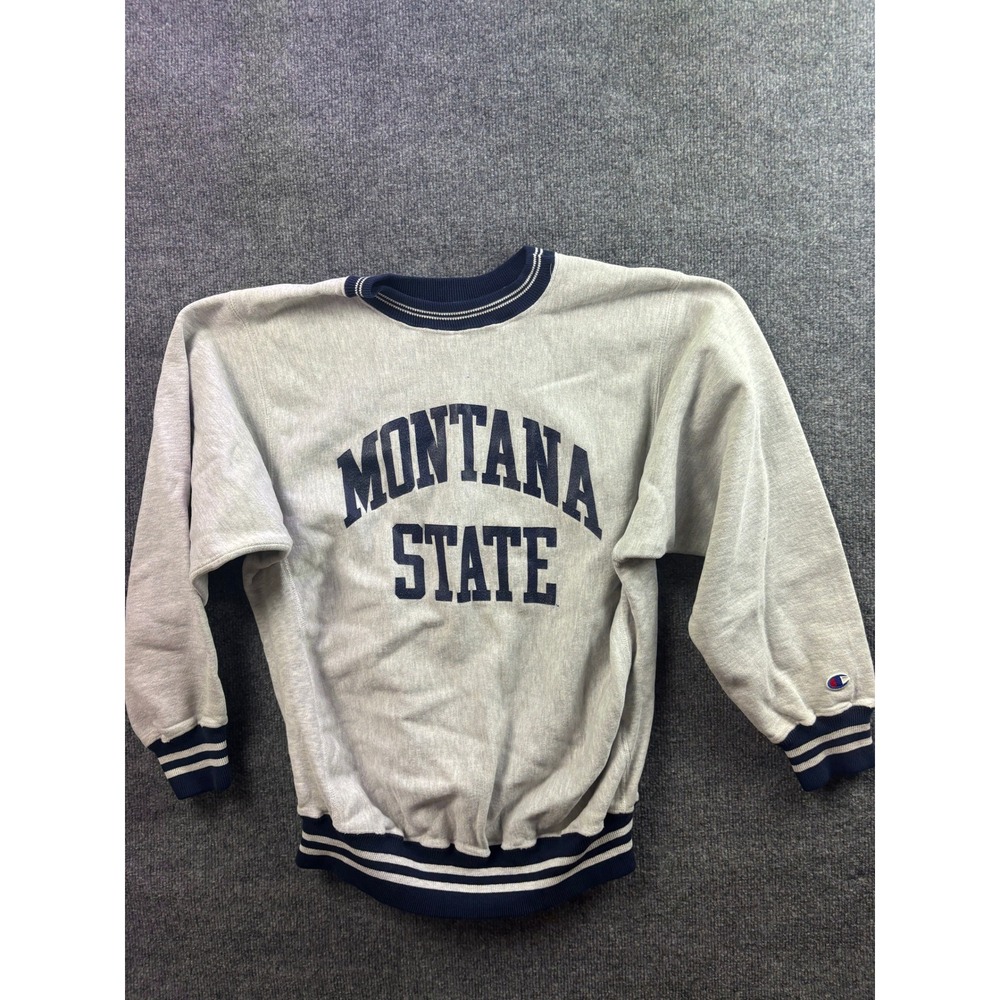 Champion Reverse Weave Sweatshirt Mens L Grey Montana State Striped Trim Vintage